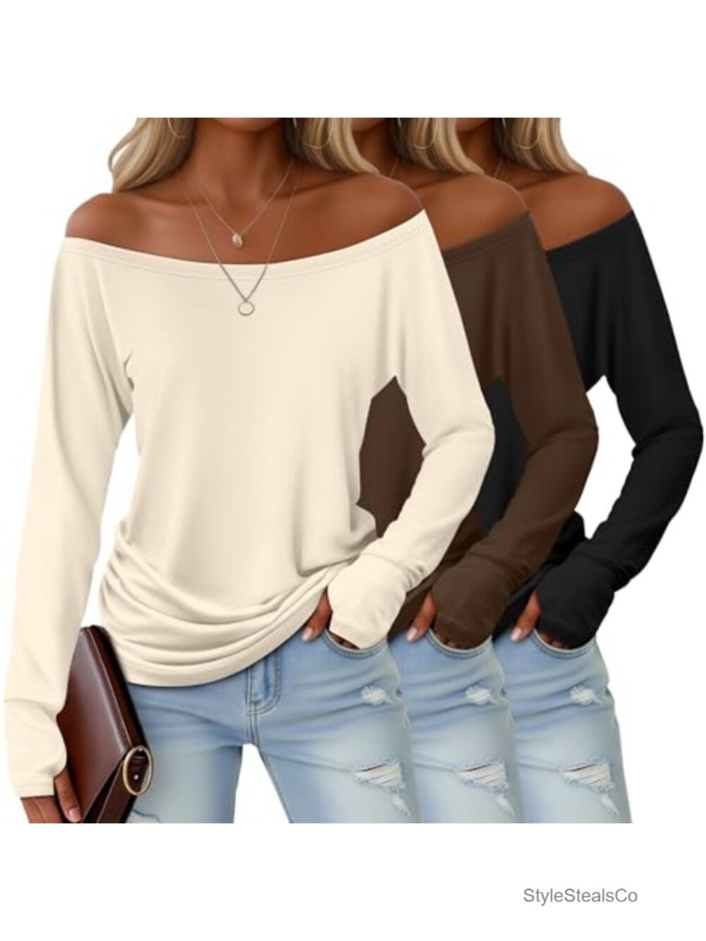 3 Pack Women's Off Shoulder Long Sleeve Tops with Thumbholes